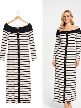 Derek Heart Black and Cream Striped Off-Shoulder Maxi Dress